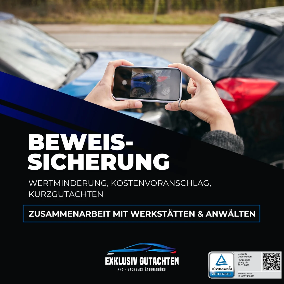 Beweissicherung — Wertminderung, Kostenvoranschlag, Kurzgutachten. Fotodokumentation eines Unfalls mit dem Smartphone, Zusammenarbeit mit Werkstätten & Anwälten, TÜV-Rheinland-zertifiziert