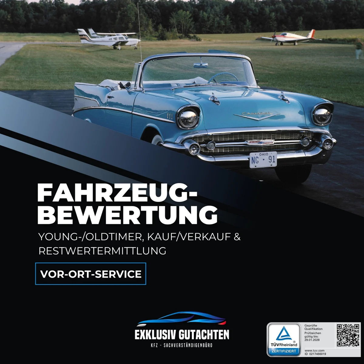 Fahrzeugbewertung — Young-/Oldtimer, Kauf/Verkauf und Restwertermittlung mit Vor-Ort-Service. Hellblauer Chevrolet Bel Air Oldtimer, TÜV-Rheinland-zertifiziert