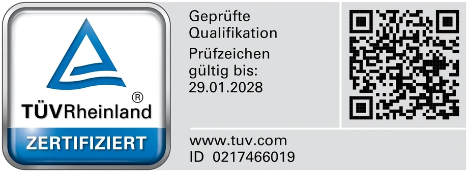 TÜV Rheinland ZERTIFIZIERT – Geprüfte Qualifikation als Kfz-Sachverständiger, Prüfzeichen gültig bis 29.01.2028, ID 0217466019, www.tuv.com